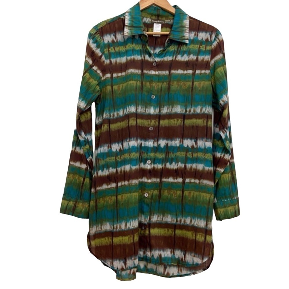 TOMMY Bahama button down shirt tunic cotton ecru brown blue long sleeve Large
